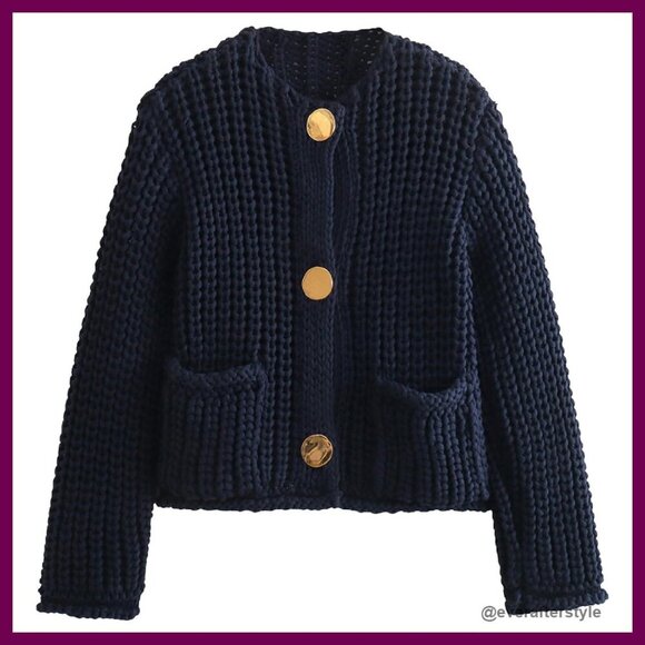 Sweaters - Cropped Cardigan Sweater Chunky Knit Button Down Oversized Chic Fall